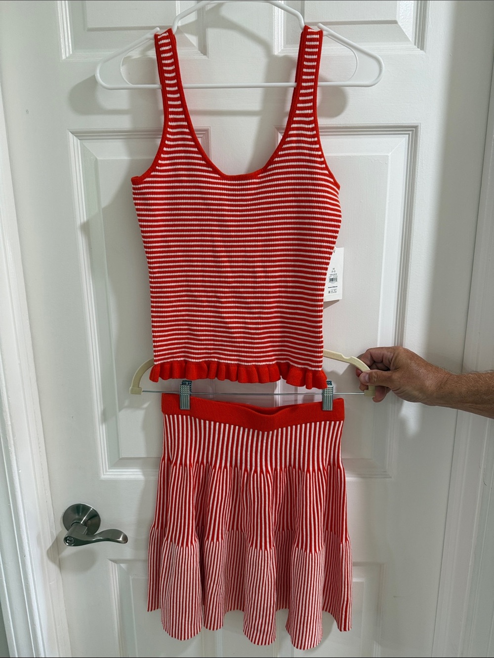 Striped Orange and White Ruffle-Hem Knit Tank
